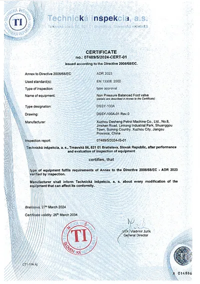 Chứng nhận ADR (Van chân không không cân bằng áp suất)